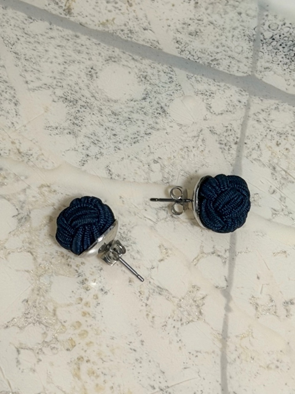 Womens Vintage Navy Nylon/Silver Monkey Fist Stud Earrings